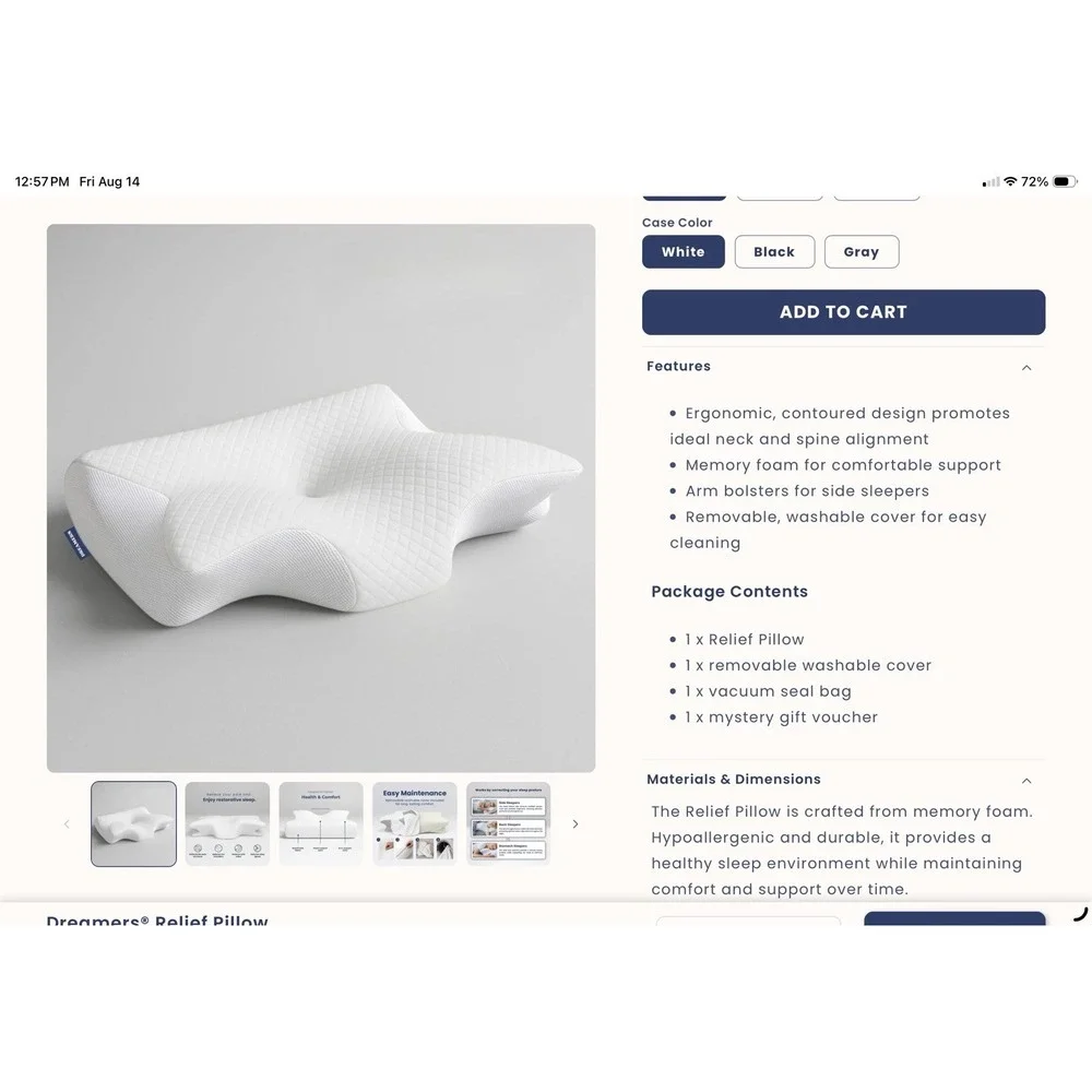 Dreamers Relief Pillow Ergonomic Cervical Neck Pillow Contoured Memory Foam NEW